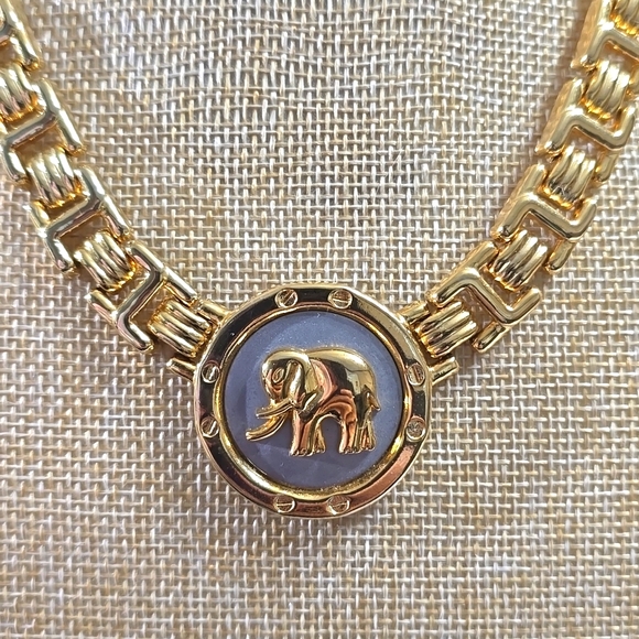 Two Tone Elephant Medallion Articulated Panel Torque Choker Necklace - Picture 2 of 6